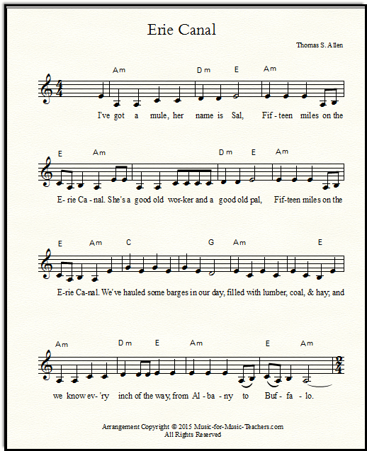 Easy chords songs in Am & Dm, Erie Canal song