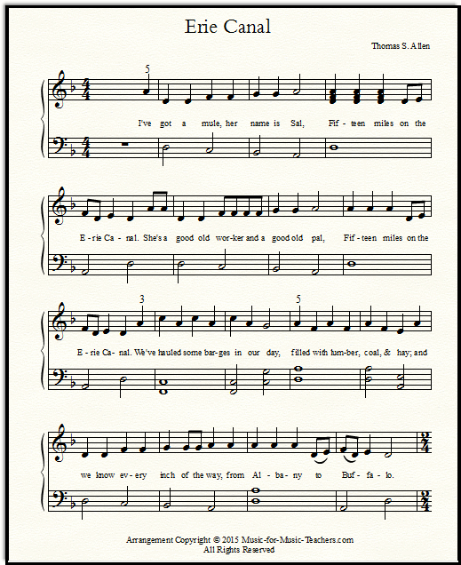 Easy piano notes for late elementary piano, Erie Canal sheet music