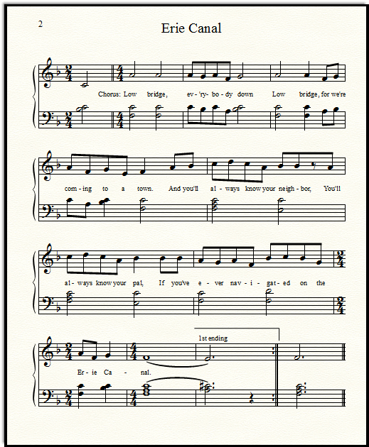 Erie Canal easy piano notes for late elementary piano