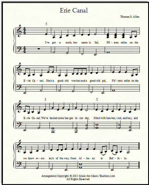 Erie Canal for piano, with left hand chords, and verse 1 lyrics