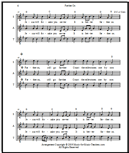 Farther On, in the Sacred Harp tradition.  Free lead sheets, easy guitar tabs, and vocal arrangement.