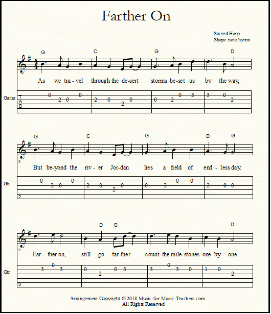 Farther On, one of the sweetest and prettiest hymns for funerals, with guitar tabs and standard notation melody, and chord symbols