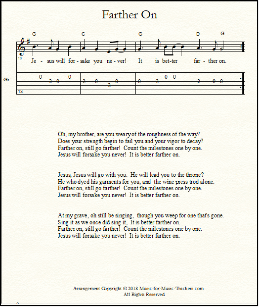 Church hymns lyrics for Farther On, a Shape Note hymn