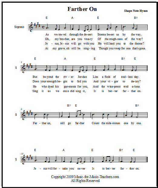 Shape note hymn Farther On sheet music, lead sheet with chords
