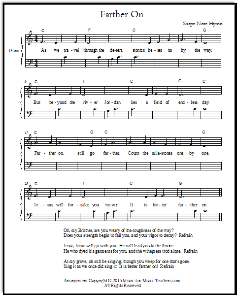 Farther On Shape-Note Hymn for beginner piano players, set at Middle C position