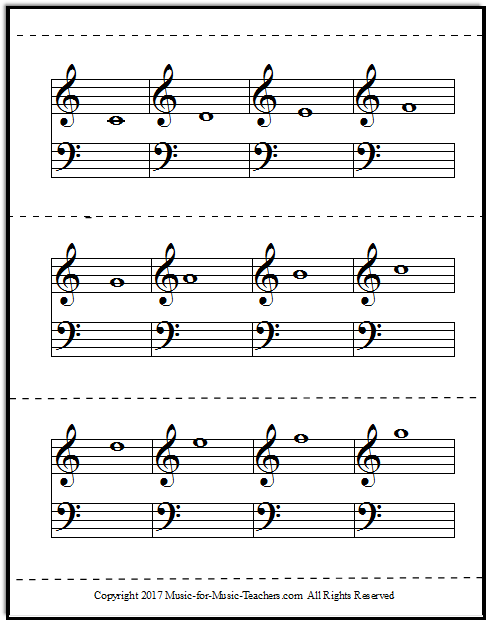 Flashcards for treble and bass clef notes, with dashed lines to facilitate cutting out