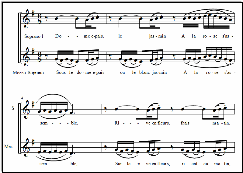 A close-up look at the Flower Duet vocal sheet music, from the opera Lakme.  Just the two vocal lines, no accompaniment, the main theme.