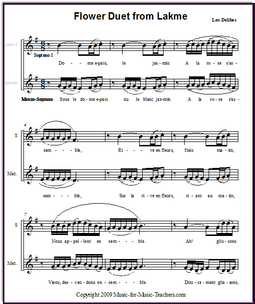 Flower Duet vocal sheet music, from the opera Lakme.  Just the two vocal lines, no accompaniment, the main theme.