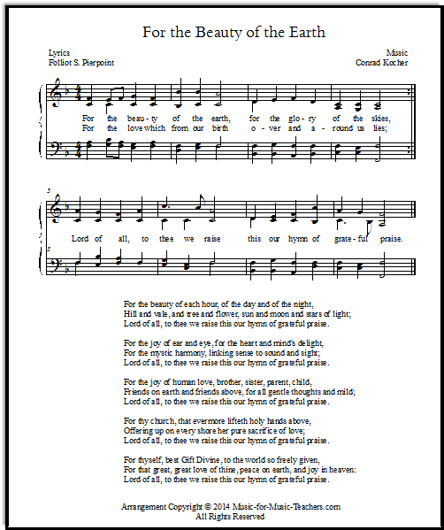 Four-part arrangement of For the Beauty of the Earth, a song of Thanksgiving