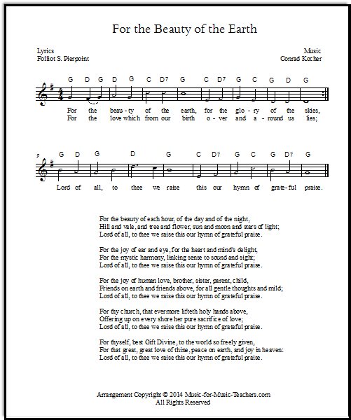 Thanksgiving songs in several keys, For the Beauty of the Earth, in lead sheet format, with chord symbols above the melody line