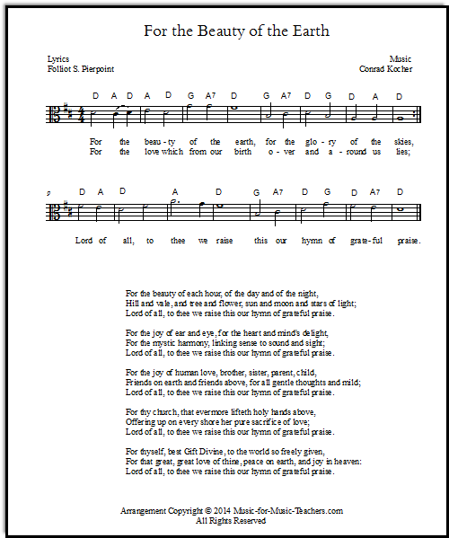 Thanksgiving song "For the Beauty of the Earth," lead sheets for instruments using treble, bass, and viola clefs