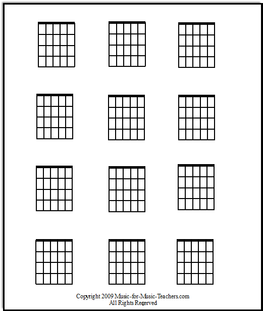 Guitar chord chart with blank fretboards, Music-for-Music-Teachers.com