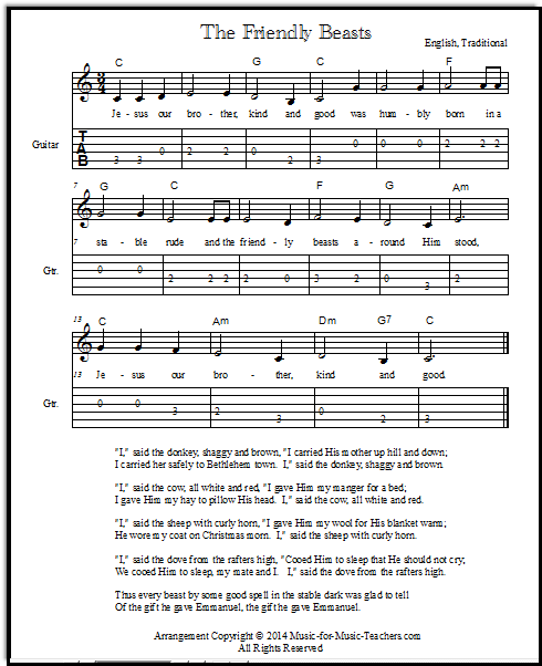 Low key of C guitar tabs for Christmas carol The Friendly Beasts