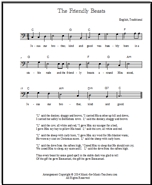 Lead sheet of The Friendly Beasts for bass clef