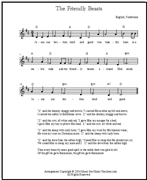 Lead sheets of The Friendly Beasts for treble instruments