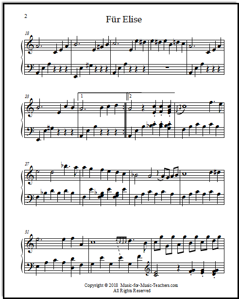 Fur Elise with easy-to-read quarter notes, with all of the original notes