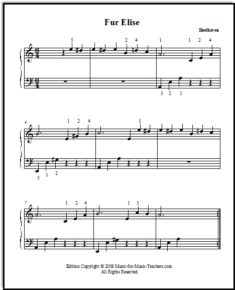 Fur Elise written with quarter notes, in 6/4 time instead of 3/8.  Easy to read for piano beginners.