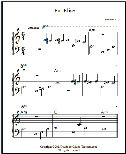 Original melody of Fur Elise with music letters on the notes