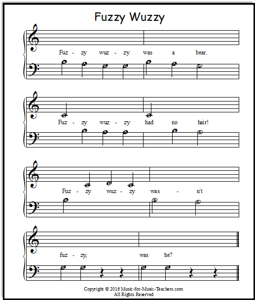 Fuzzy Wuzzy piano song for beginners, with note names inside the note heads