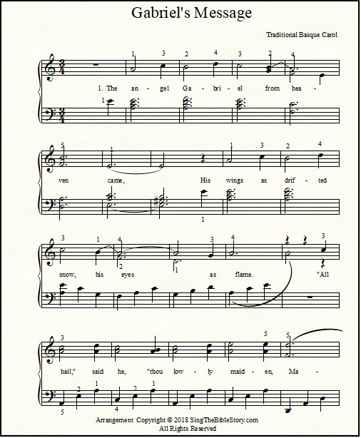 Piano arrangement of Gabriel's Message, which can be seen at SingTheBibleStory.com
