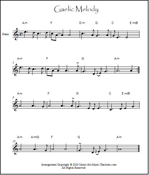 A lead sheet for Gaelic Melody, a beautiful piano piece.  Melody plus chords.