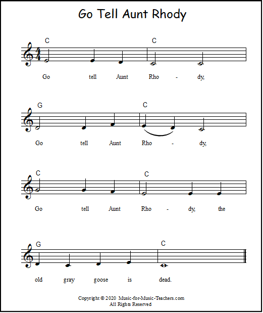 Beginner piano sheet music for Go Tell Aunt Rhody