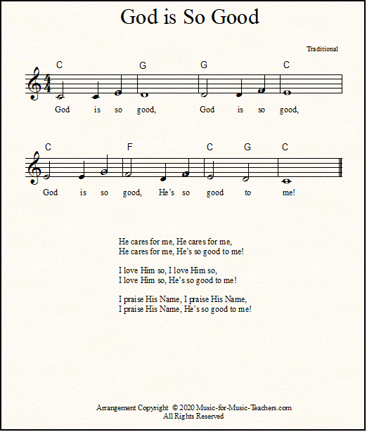 Sheet music for God is So Good with a few lettered notes for the beginner pianist