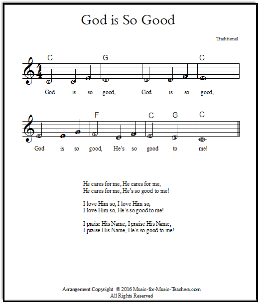 God is Good lyrics and sheet music for beginner piano