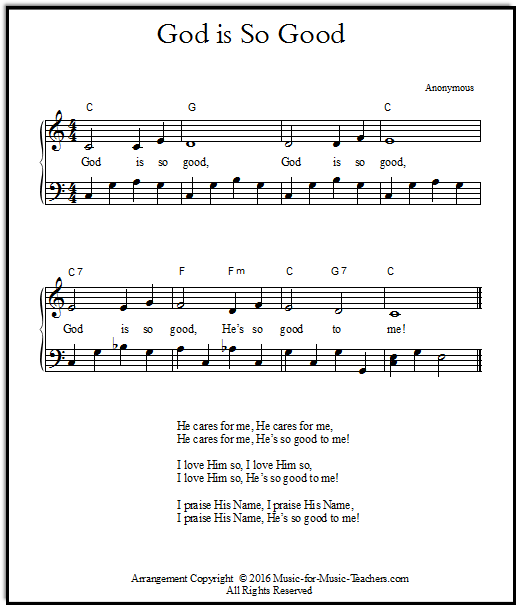 Piano arrangement and gospel hymn's lyrics for God is So Good