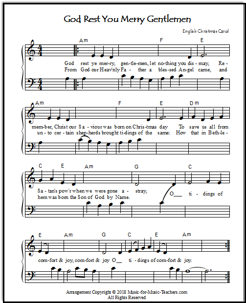 Easy beginner Christmas sheet music "God Rest You Merry Gentlemen"