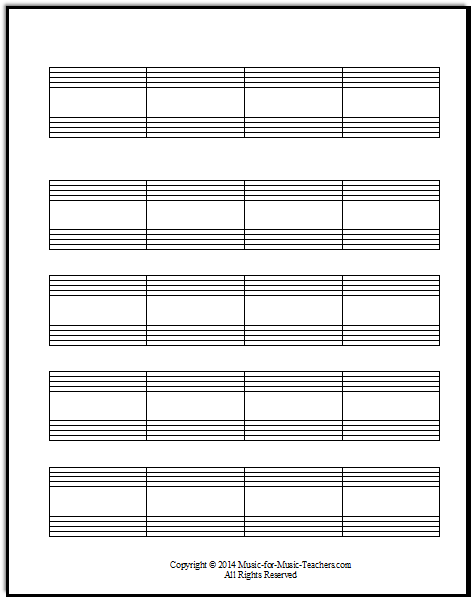 Grand staff with no clef symbols, 4 bars a line