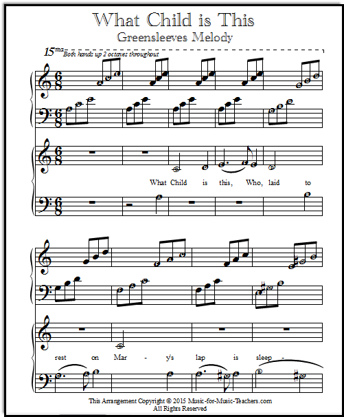 Greensleeves piano duet with letters inside the note-heads