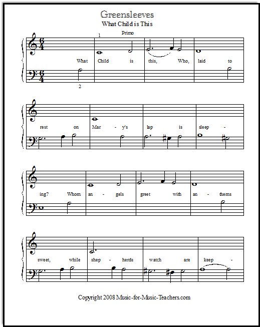 The simple melody of What Child is This (Greensleeves), suitable for piano duet