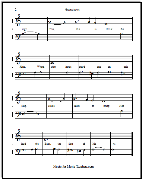 Greensleeves melody, for solo or duet, page 2, arranged at Middle C position