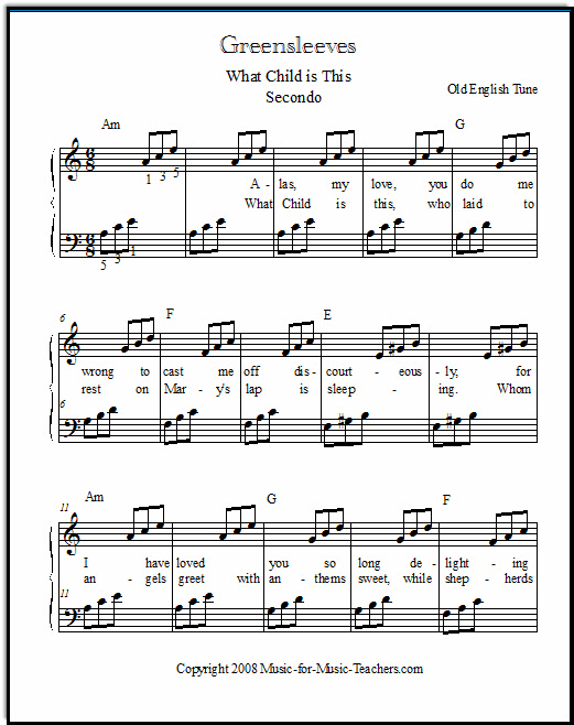 Greensleeves music for piano students - broken chords
