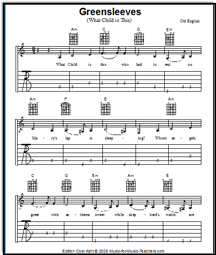 Free online Christmas music What Child is This in Key of Am, with guitar tabs and chords