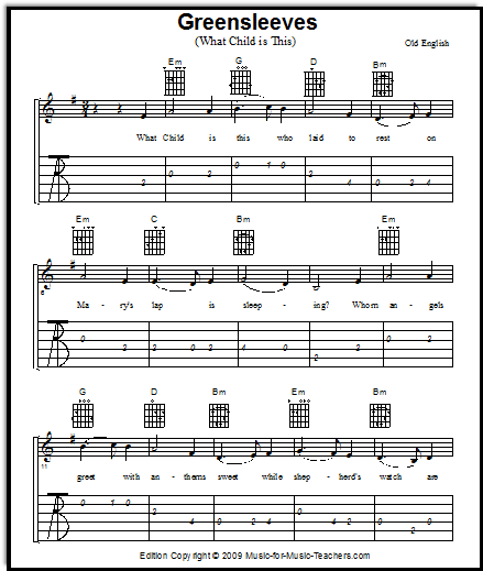 Guitar sheet music for What Child is This with an alternate lute-like melody.  With guitar tabs, in the keys of Am and E minor.