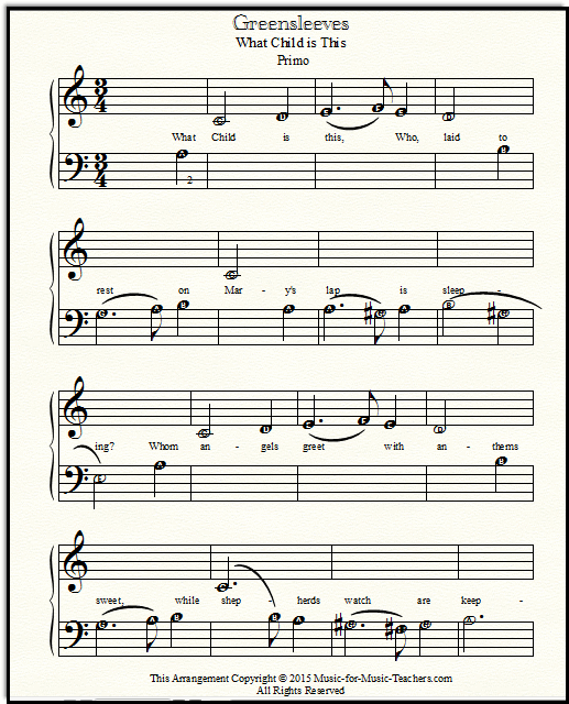 Made Easy Notes for What Child is This Christmas melody - the note heads have the note names inside