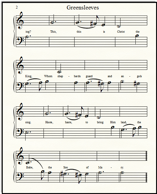 Made Easy Notes for What Child is This Christmas melody - the note heads have the note names inside, page 2