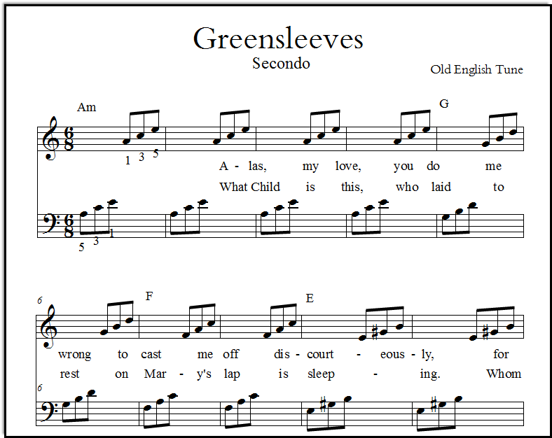 A closeup look at page one of the broken chord accompaniment to Greensleeves melody