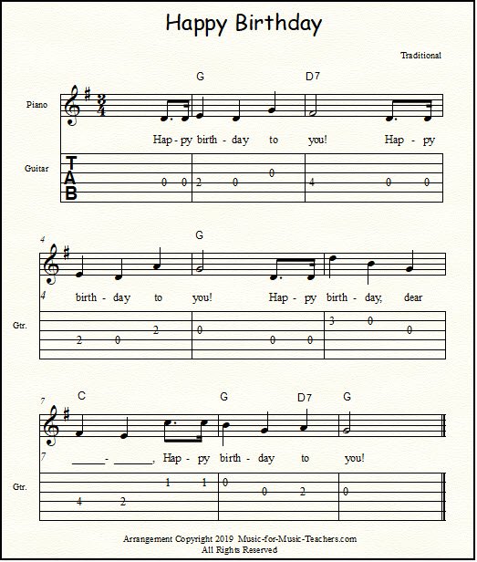 Guitar tablature and chords for Happy Birthday, key of G