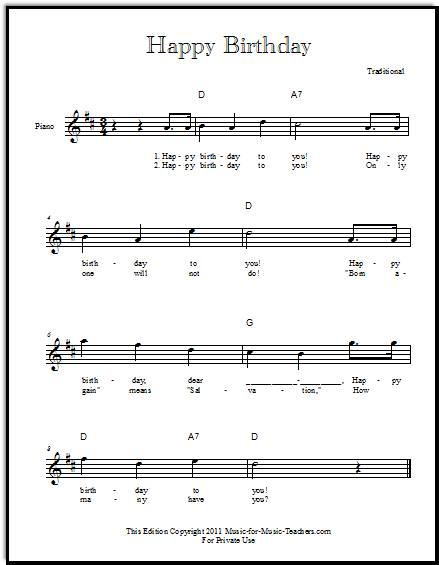 Happy Birthday lead sheet in 7 keys, with two verses including Sunday School lyrics