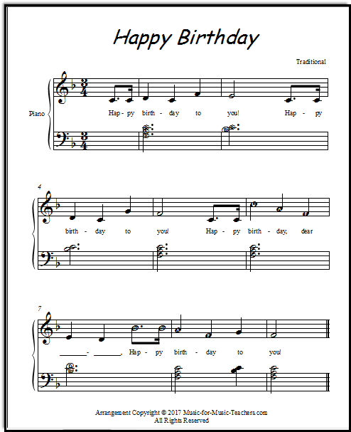Happy Birthday sheet music for early piano with left hand small chords and a few notes with letter names