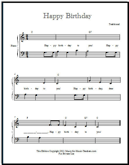 Happy Birthday with piano chord symbols for beginners