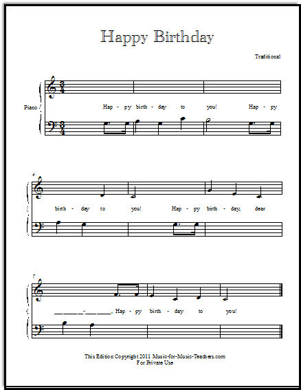 Happy Birthday for beginning piano players, set at Middle C position