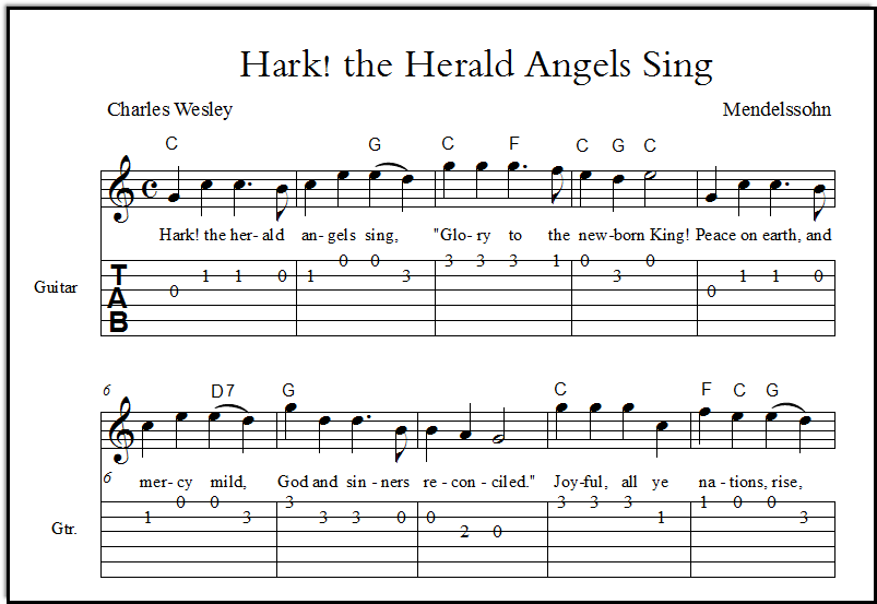 Closeup view of Hark the Herald Angels Sing, showing guitar tabs and lyrics.