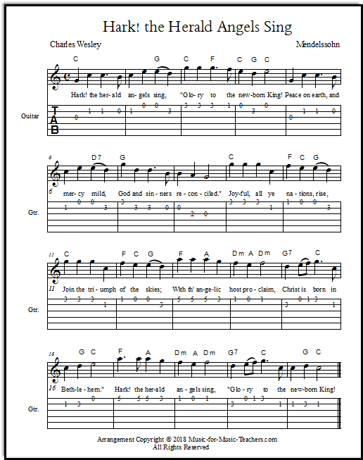 Hark the Herald Angels Sing for guitar, with standard notation, and guitar tabs in the key of C