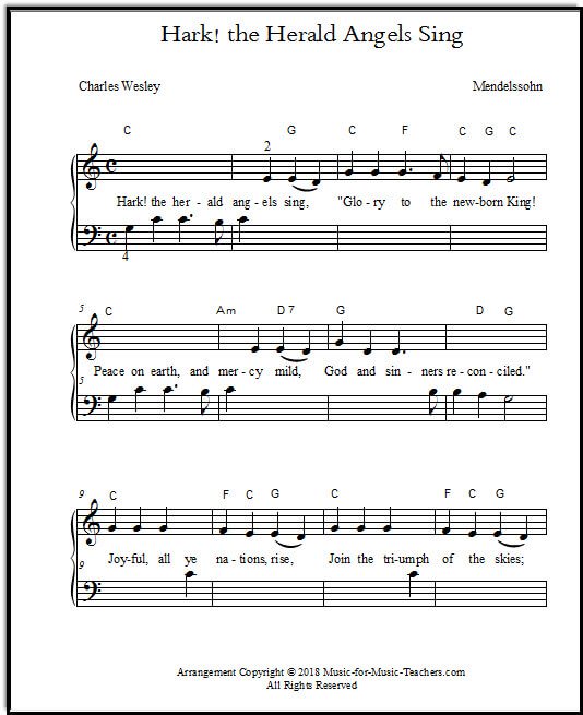 Hark the Herald Angels Sing, a piano arrangement for early beginner piano players, using shared-hands melody