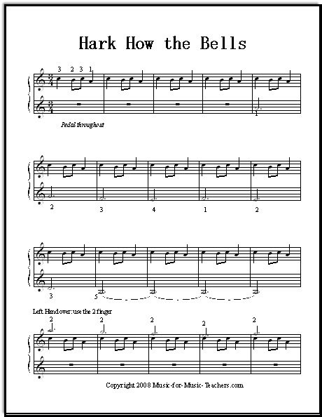 Ukranian Bell Carol free Christmas sheet music, with a repeated figure in the right hand and left taking the melody.  Three pages long.