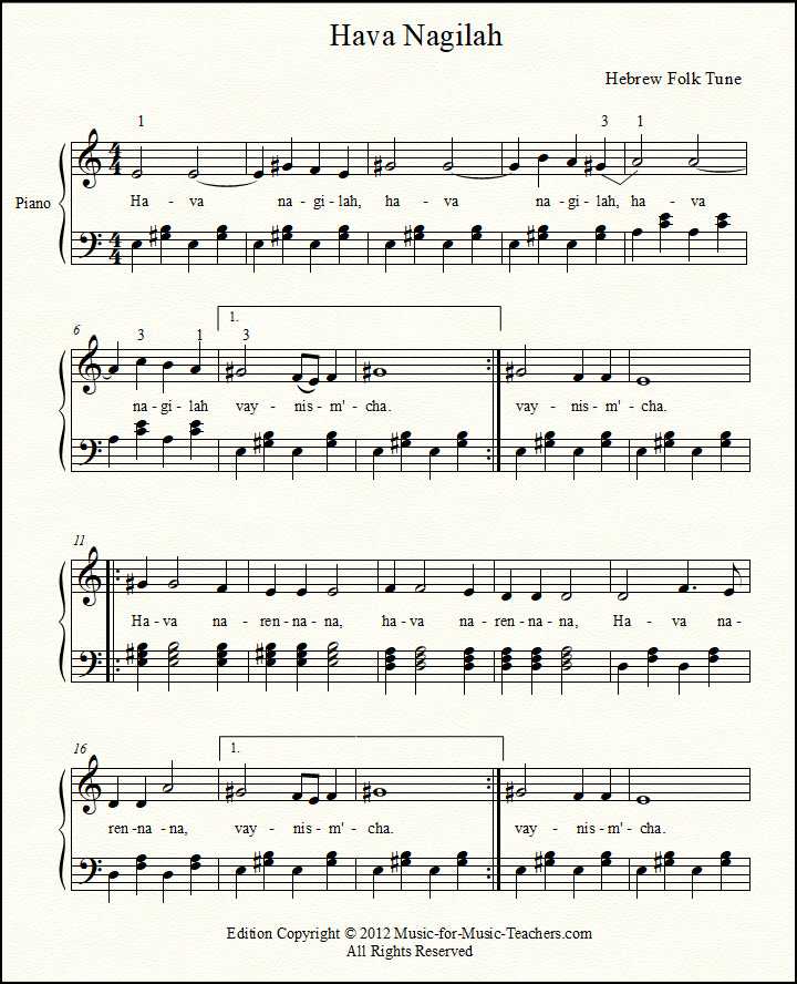 Folk song "Hava nagilah" sheet music for intermediate piano